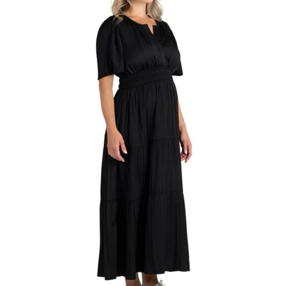 Destination Maternity Black Maxi‎ Dress breezy flutter sleeve drapey skirt